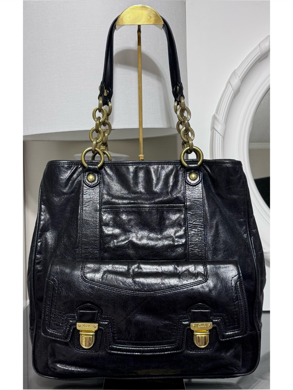 COACH Poppy Camelia Pushlock Shoulder Bag Tote, BRASS/BLACK